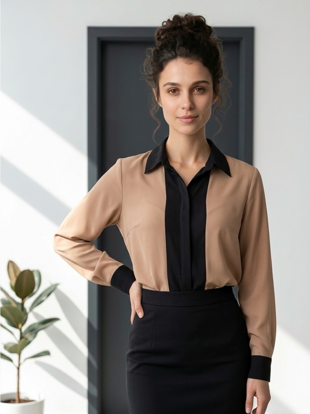 Contrast-Collar Taupe and Black Women's Blouse